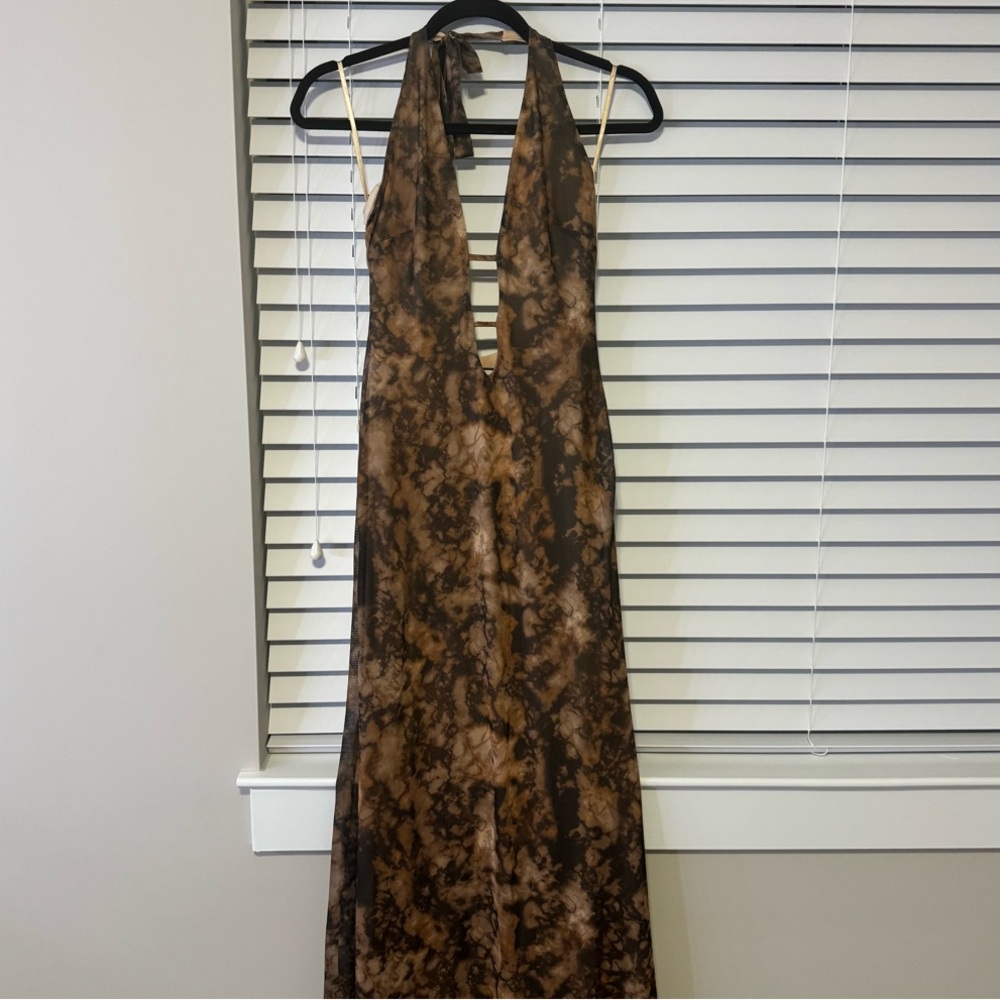 Brown Tie-Dye Halter Open back Dress